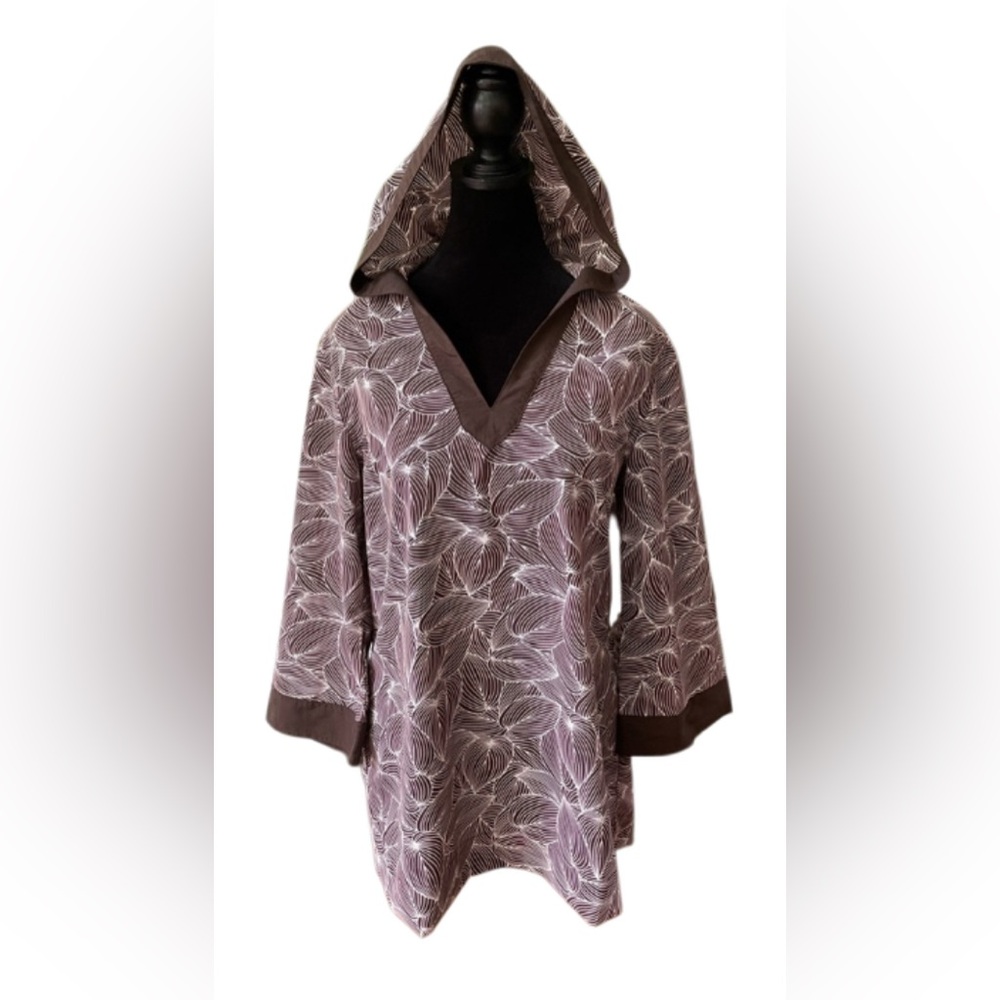 L.L. Bean: Brown & White Tunic Style Shirt with Hood